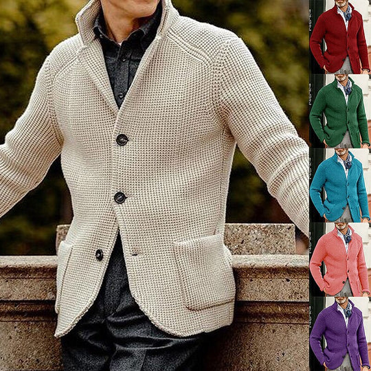 Herren Waffelstruktur-Cardigan-Blazer mit Stehkragen und aufgesetzten Taschen Nord Taschen