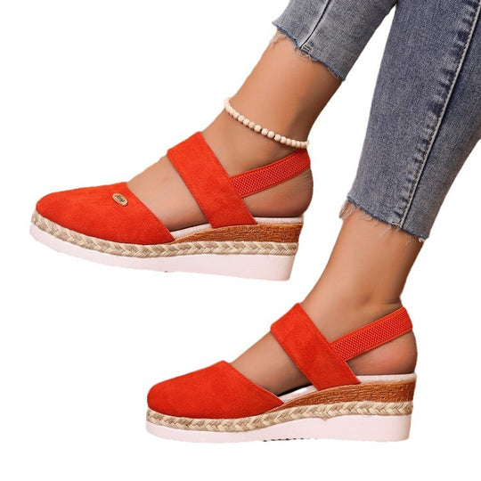 Damen  Espadrille-Keilpantoletten mit elastischem Fersenriemen, Veloursoptik-Obermaterial und geflochtenem Jute-Plateau Nord Taschen
