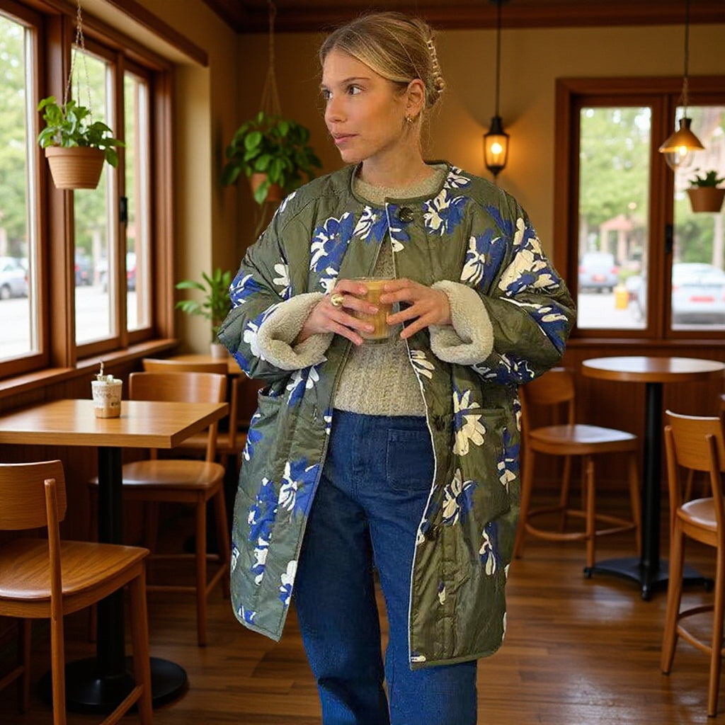 Damen Gepolsterter Steppmantel mit floralem Allover-Print und Teddy-Futter Nord Taschen