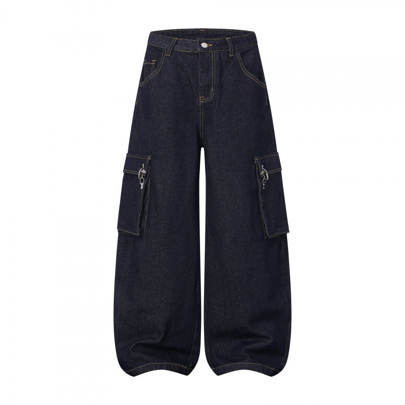Damen Ballonförmige Cargo-Jeans mit hoher Taille, weitem Bein und aufgesetzten Klappentaschen Nord Taschen