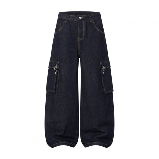 Damen Ballonförmige Cargo-Jeans mit hoher Taille, weitem Bein und aufgesetzten Klappentaschen Nord Taschen