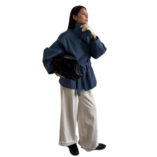Damen Oversize Cropped-Trenchjacke mit breitem Revers und Bindegürtel Nord Taschen