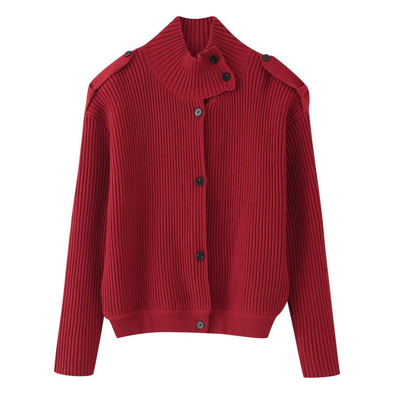 Damen Gerippter Strickcardigan mit Stehkragen und Schulterknopf-Detail Nord Taschen