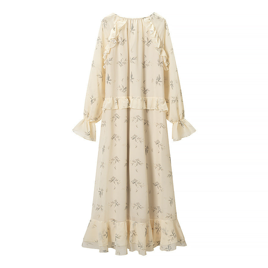 Damen Maxikleid mit Volants, langem Glockenärmel und floralem Chiffon-Design Nord Taschen