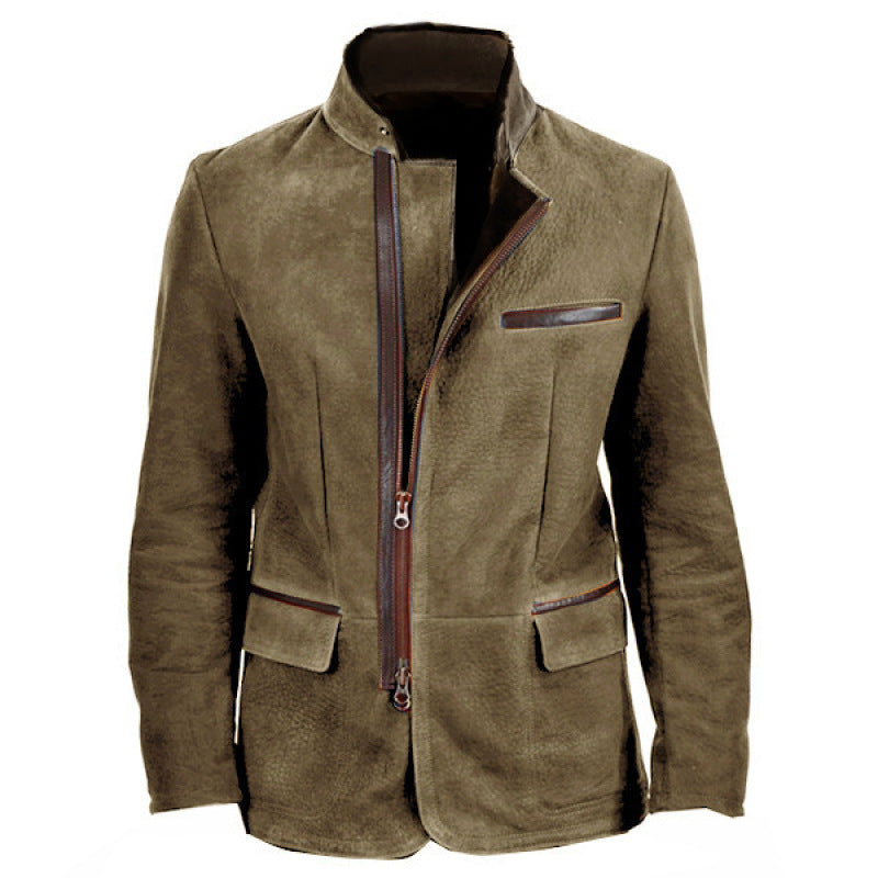 Herren Veloursleder-Fieldjacke im Fliegerstil mit Stehkragen, asymmetrischem beidseitig öffnendem Reißverschluss und kontrastierenden Lederbesätzen Nord Taschen