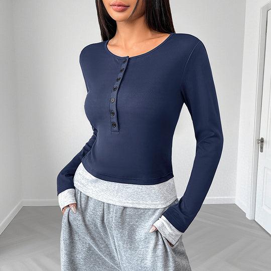 Damen Tailliertes Langarm-Crop-Top mit Henley-Knopfleiste und Daumenlochbündchen Nord Taschen