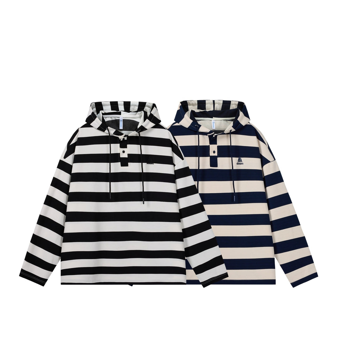 Herren Gestreiftes Kapuzen-Rugbyshirt im Oversize-Schnitt mit Knopfleiste Nord Taschen