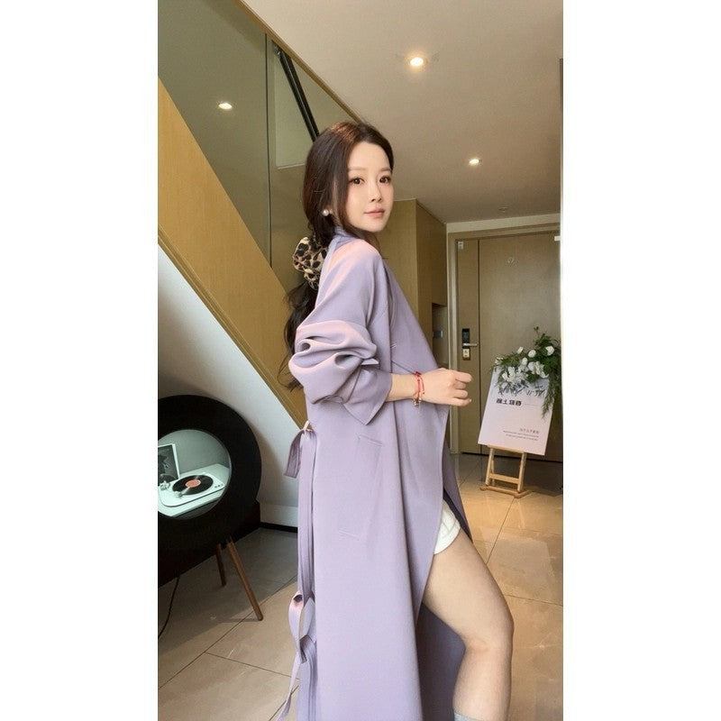 Damen Maxi-Trenchcoat mit Wasserfallkragen und gerafften Ärmeln Nord Taschen