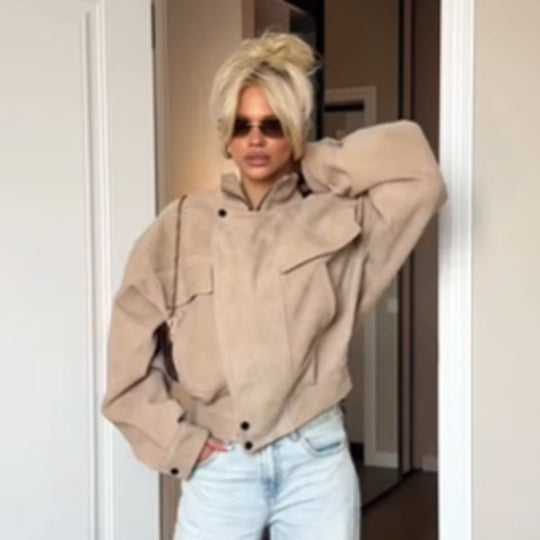 Damen Oversize Wildlederoptik Jacke mit Pattentaschen und Stehkragen Nord Taschen