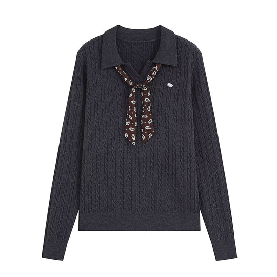Damen Strickpullover mit Troyer‑Kragen und Zierkrawatte Nord Taschen