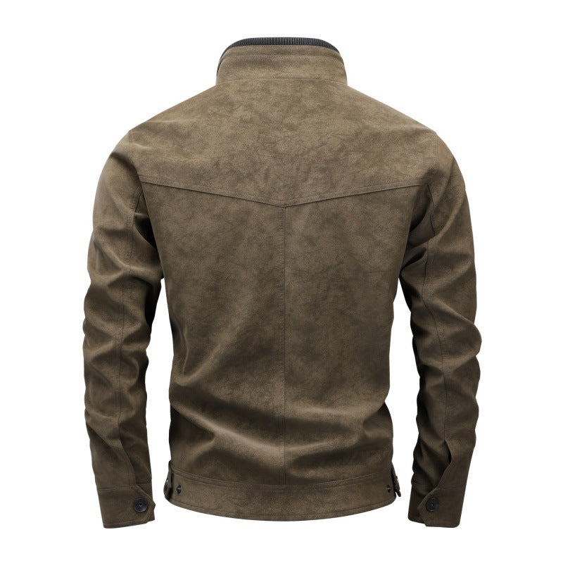 Herren Vintage-Utility Lederimitatjacke mit Stehkragen und mehreren Taschen Nord Taschen