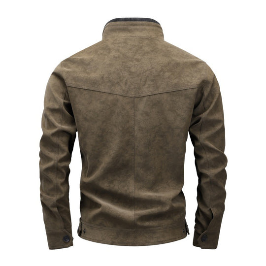Herren Vintage-Utility Lederimitatjacke mit Stehkragen und mehreren Taschen Nord Taschen