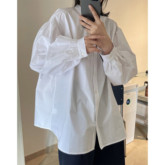 Damen Oversized-Baumwollbluse mit Stehkragen und Ballonärmeln Nord Taschen