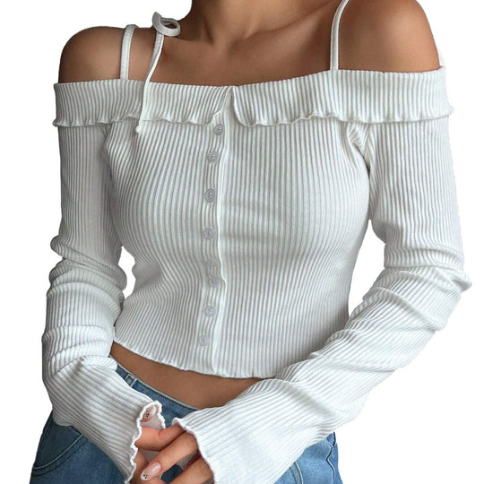 Damen geripptes schulterfreies Langarm-Cropped-Top mit Knopfleiste und Rüschensaum Nord Taschen