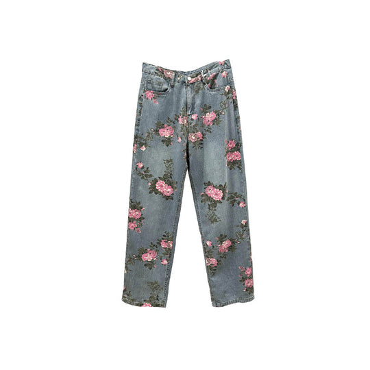 Damen Weitgeschnittene Blumen-Cargo-Jeans Nord Taschen