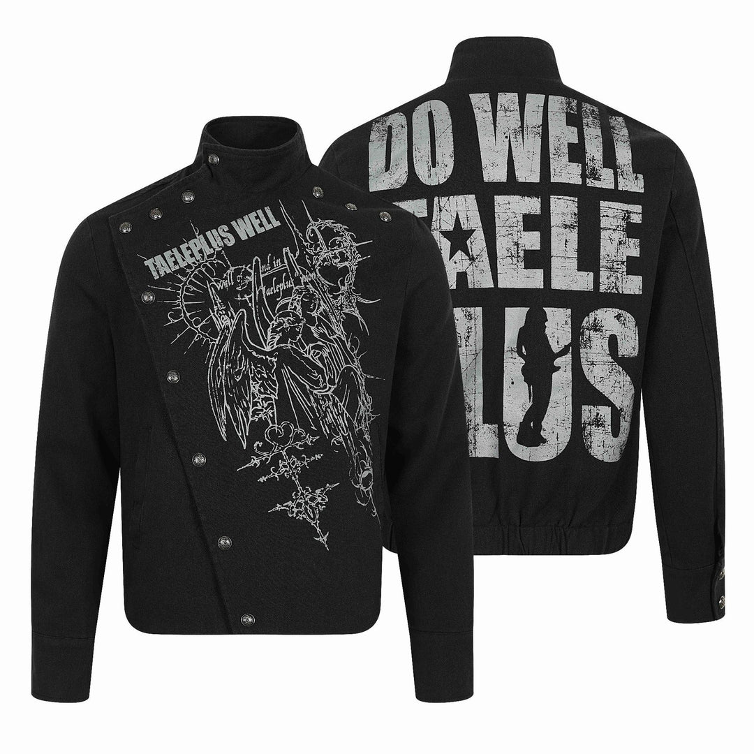 Herren Asymmetrische Blousonjacke mit Stehkragen, Metallknopfbesatz und Grafikprint Nord Taschen