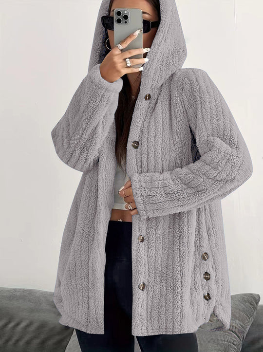 Damen Kapuzen-Teddy-Mantel mit Knopfleiste und Oversize-Schnitt Nord Taschen
