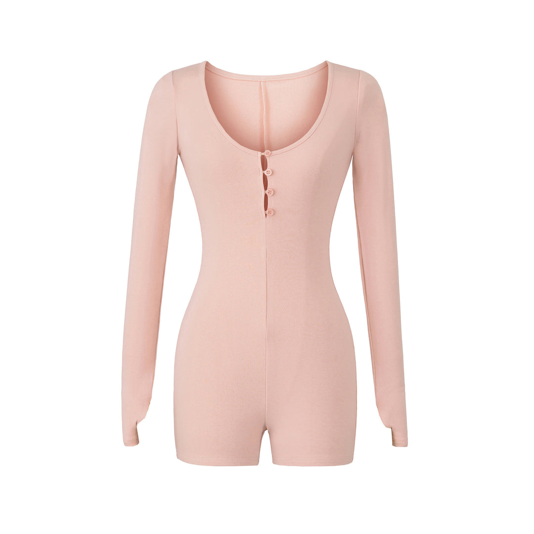 Damen Enganliegender Langarm-Body mit Knopfleiste und kurzer Shorts Nord Taschen