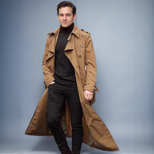 Herren Wasserabweisender Long-Trenchcoat mit doppelter Knopfleiste, Schulterklappen und verstellbarem Taillengürtel Nord Taschen