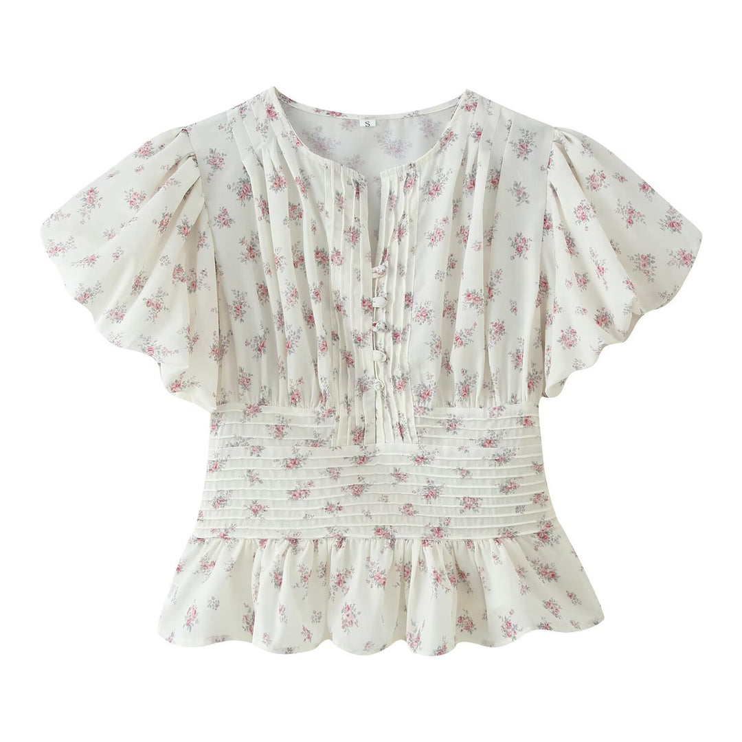 Damen Romantische Bluse mit Puffärmeln, Kellerfalten‑Blende und gesmokter Taille Nord Taschen