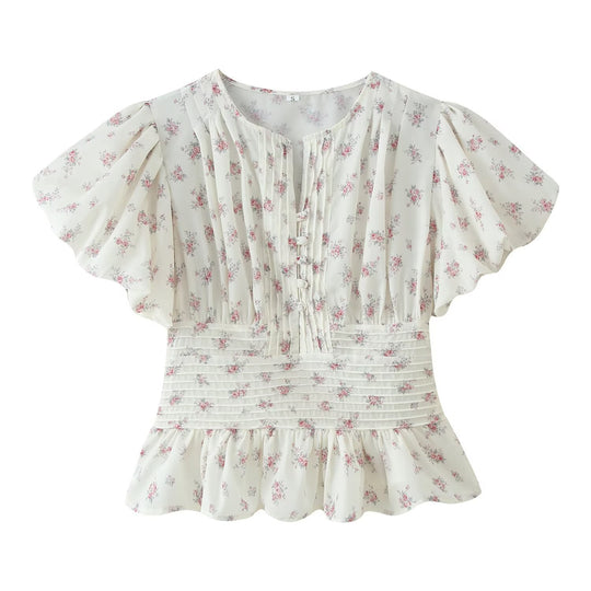 Damen Romantische Bluse mit Puffärmeln, Kellerfalten‑Blende und gesmokter Taille Nord Taschen