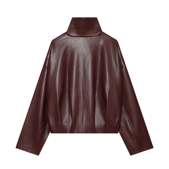Damen Cropped Kunstlederjacke mit hohem Funnelkragen und durchgehendem Reißverschluss Nord Taschen
