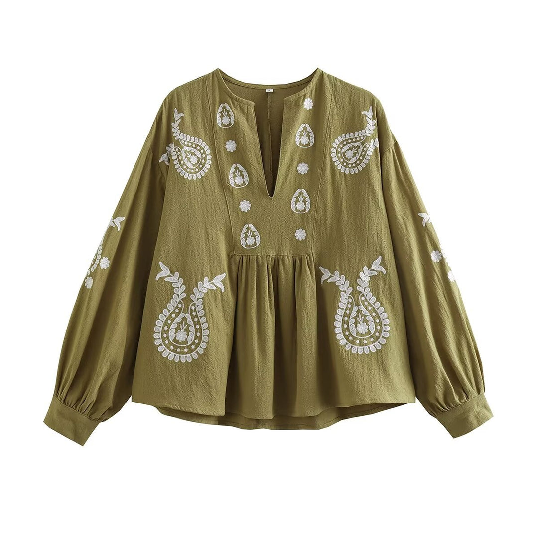 Damen bestickte Baumwoll-Tunika mit weitem Fall, Paisley-Motiven und Ballonärmeln Nord Taschen