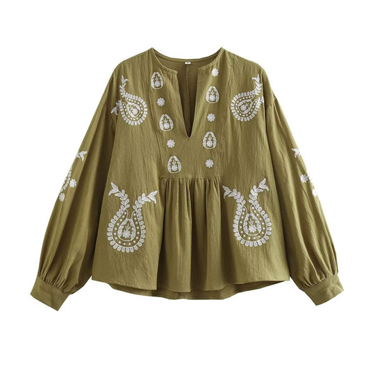 Damen bestickte Baumwoll-Tunika mit weitem Fall, Paisley-Motiven und Ballonärmeln Nord Taschen