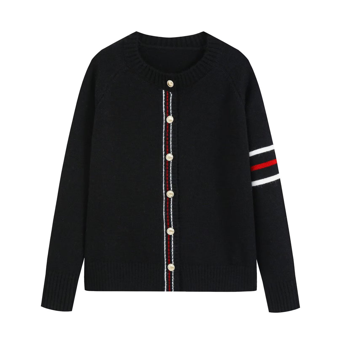 Damen Feinstrick-Cardigan mit Kontraststreifen und goldenen Zierknöpfen Nord Taschen