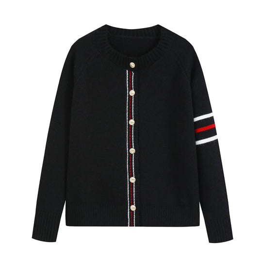 Damen Feinstrick-Cardigan mit Kontraststreifen und goldenen Zierknöpfen Nord Taschen