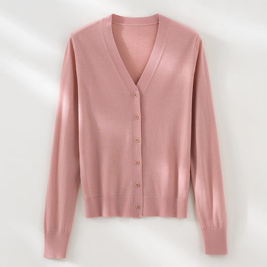 Damen Minimalistischer Merino‑Blend Cardigan mit V‑Ausschnitt und feinen Rippabschlüssen Nord Taschen