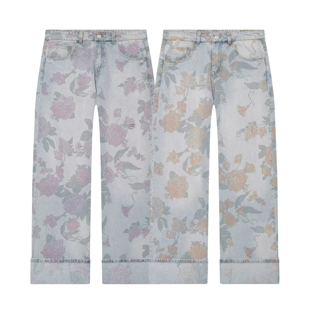 Damen Highwaist-Jeans mit weitem Bein, floralem Allover-Print und Umschlag Nord Taschen
