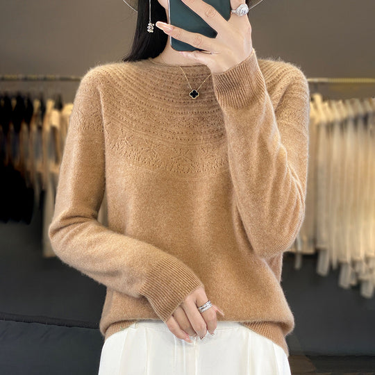 Damen Weicher Ajour‑Yoke Rundhalspullover in Kaschmir‑Optik Feinstrick Nord Taschen