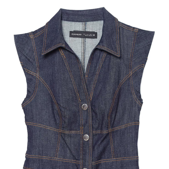 Damen Ärmelloses Jeansmaxikleid mit Hemdkragen, taillierter Silhouette und durchgehender Druckknopfleiste Nord Taschen