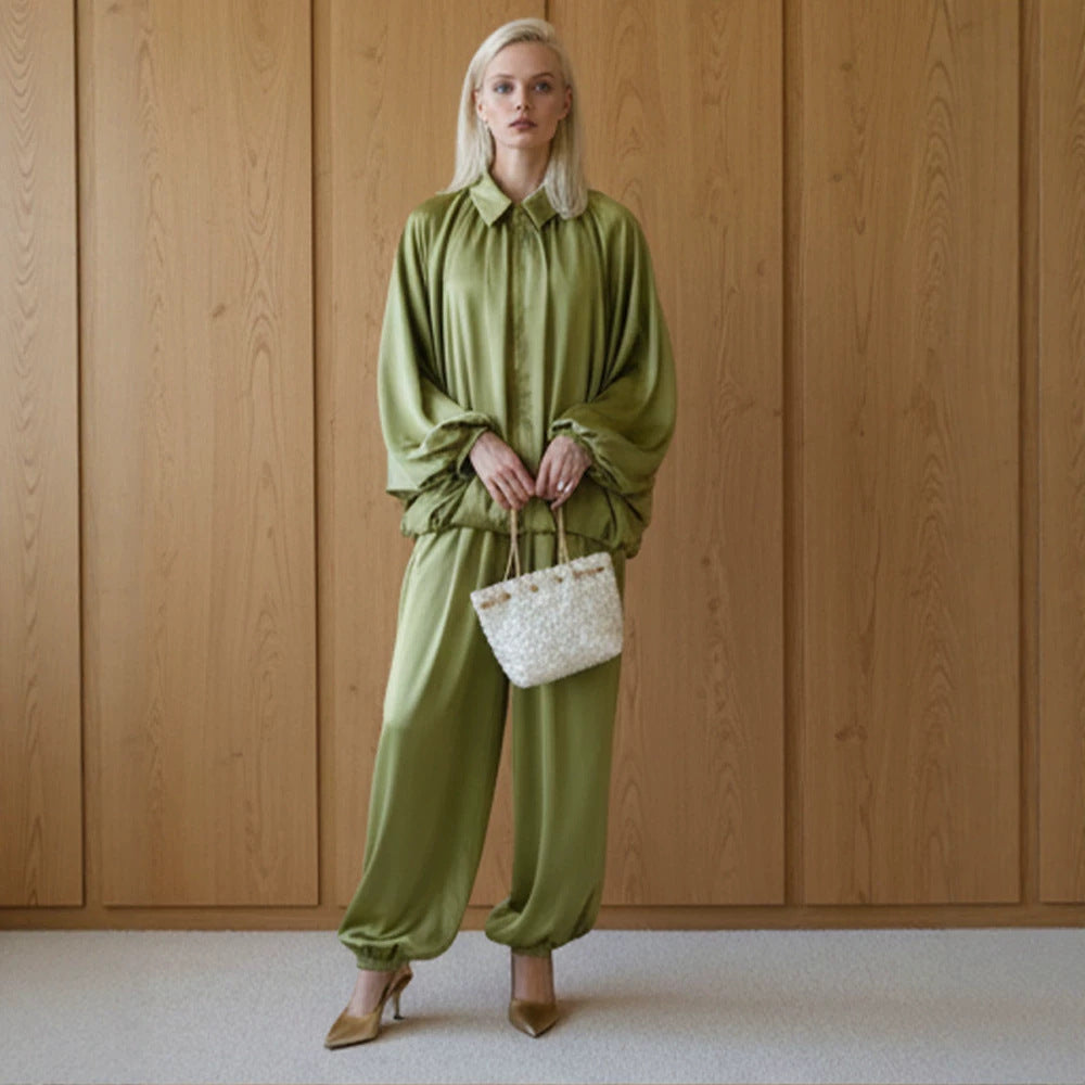 Damen Elegantes Satin-Zweiteiler-Set mit Oversize-Blouson und weiter Palazzo-Hose Nord Taschen