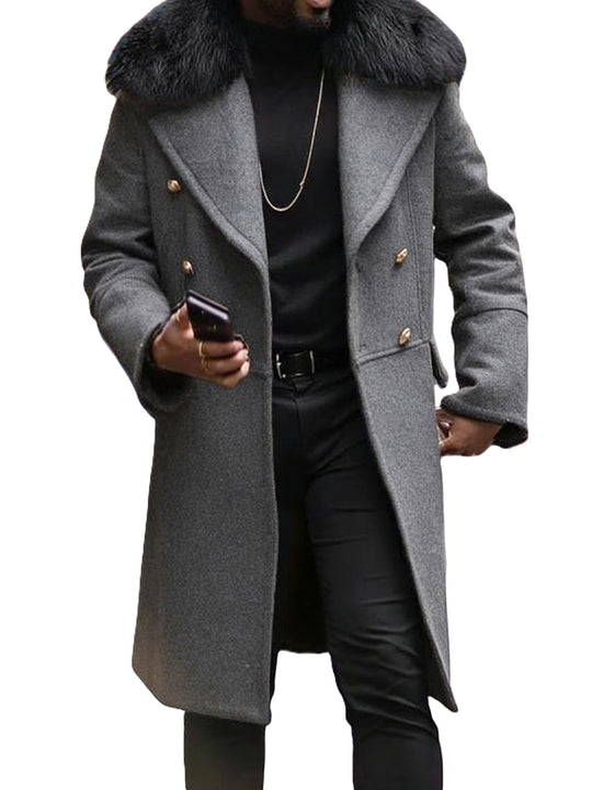 Herren Langer Doppelreihiger Mantel mit voluminösem Teddykragen und eleganten Metallknöpfen Nord Taschen
