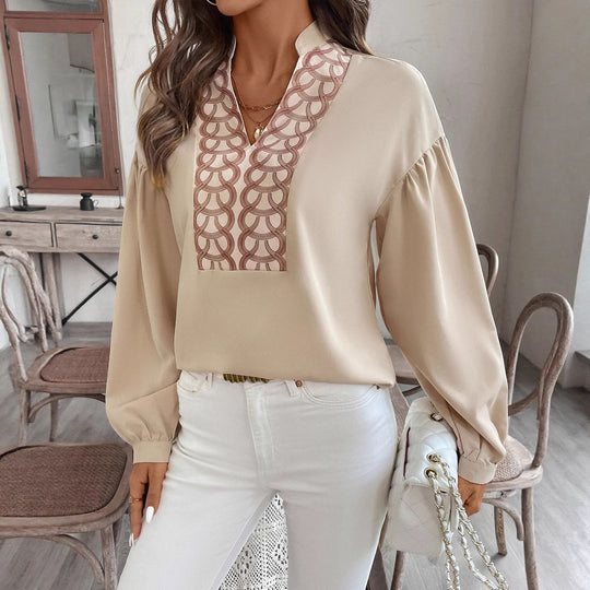 Damen Bluse mit Stehkragen, bestickter V‑Passe und ballonärmeln Nord Taschen