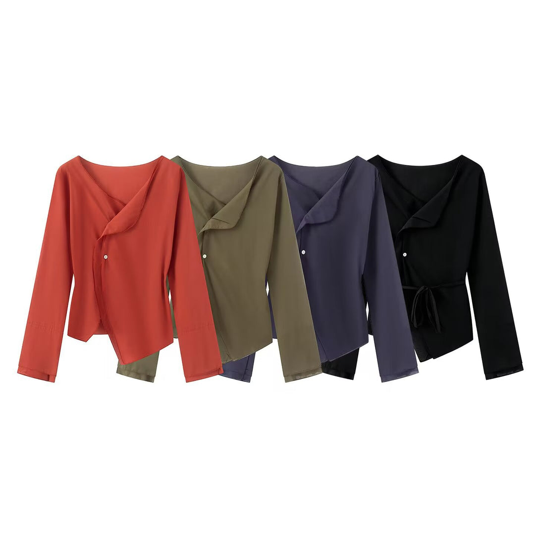 Damen Wickelbluse mit asymmetrischer Vorderseite, V‑Ausschnitt und Bindegürtel Nord Taschen