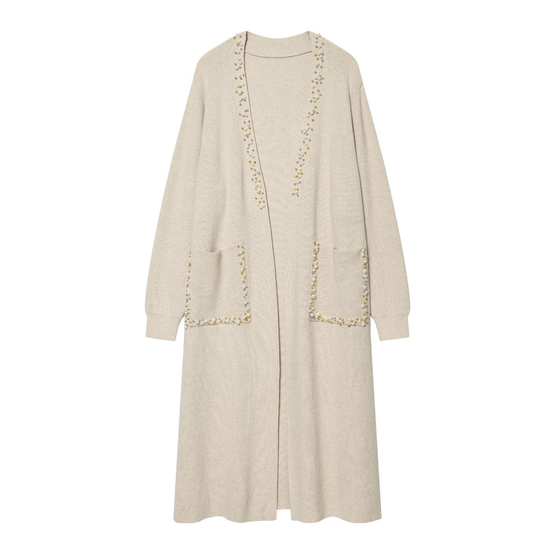 Damen langer Strickcardigan mit Perlenverzierung und aufgesetzten Taschen Nord Taschen