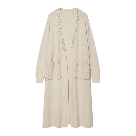 Damen langer Strickcardigan mit Perlenverzierung und aufgesetzten Taschen Nord Taschen