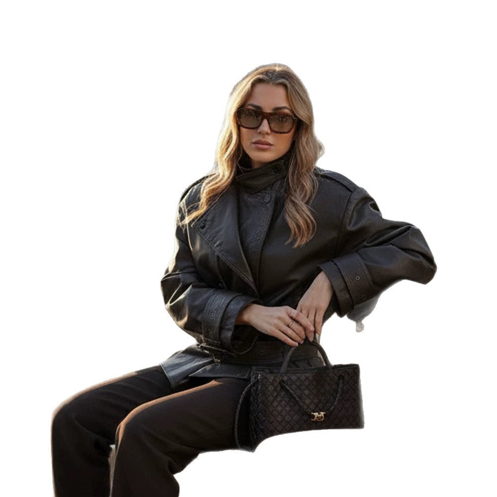 Damen Oversize-Ledertrench mit breitem Taillengürtel, Schnallenärmeln und Stehkragen Nord Taschen