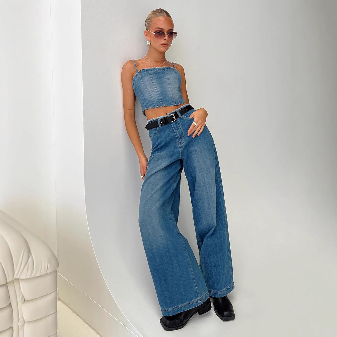 Damen hochgeschnittene Weitbein-Jeans mit rohem Bund, extra weitem Bein und Fünf-Taschen-Schnitt Nord Taschen