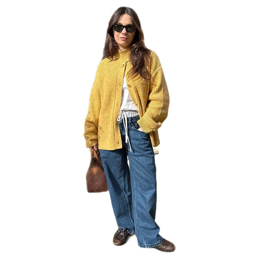 Damen Oversize-Strickjacke mit Rippenstruktur und Stehkragen Nord Taschen