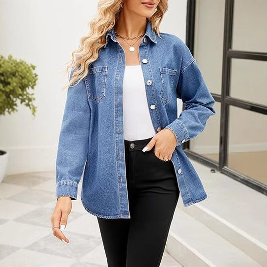Damen Oversize-Denimhemd mit Knopfleiste und Brusttaschen Nord Taschen
