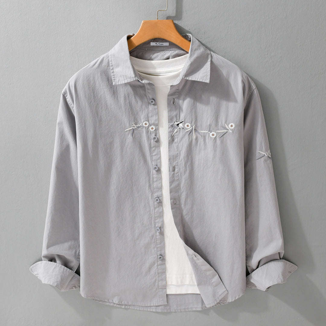 Damen Lockeres besticktes Baumwoll-Overshirt mit Kentkragen und Layering‑Detail Nord Taschen