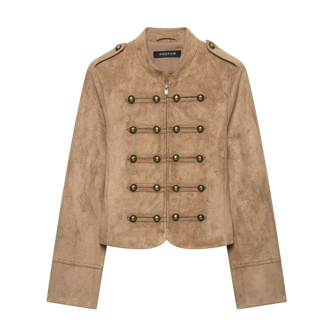 Damen Kurzjacke im Military‑Stil mit Stehkragen und Zierknopf‑Detail Nord Taschen