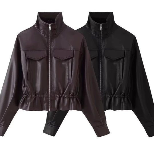 Damen Kurz geschnittener Kunstleder-Blouson mit hohem Stehkragen, Brustpatten und Tunnelzug Nord Taschen