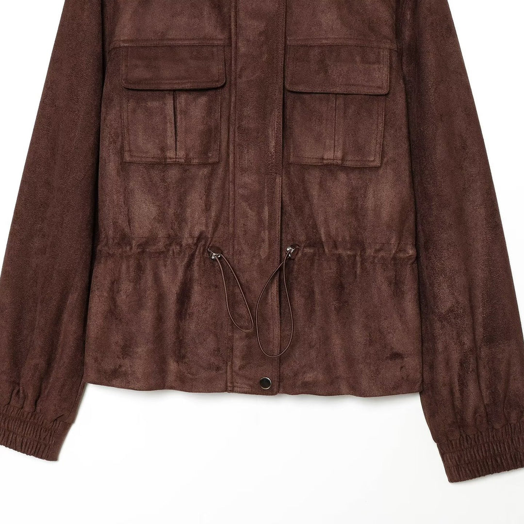 Damen Kurzjacke im Fieldstyle aus Veloursleder‑Optik mit Stehkragen, Brusttaschen und Tunnelzug Nord Taschen
