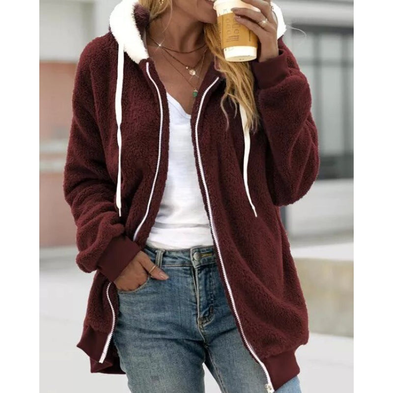 Damen Oversized Sherpa-Zipjacke mit Kontrastkragen, Rippbündchen und Kordelzug Nord Taschen
