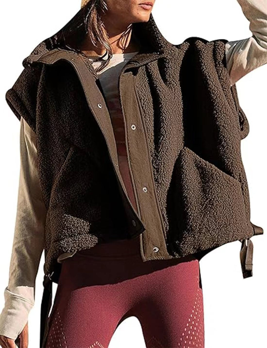 Damen Übergroße Teddyfleece-Weste mit Kapuze und Druckknöpfen Nord Taschen